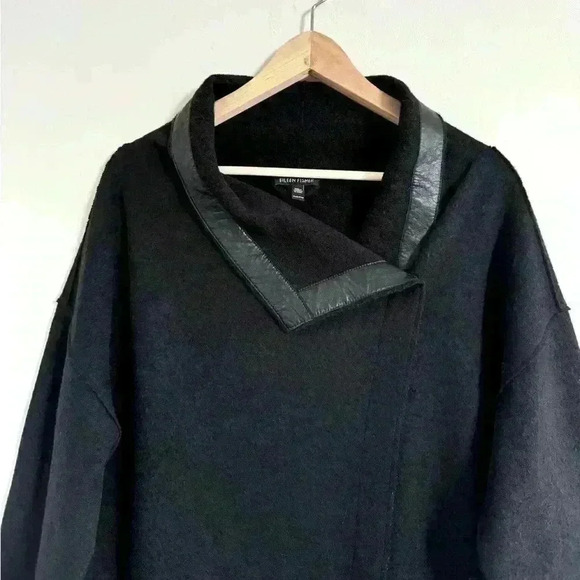 Eileen Fisher Oversized Wool Coat Leather Trim Size XSS - Picture 3 of 5